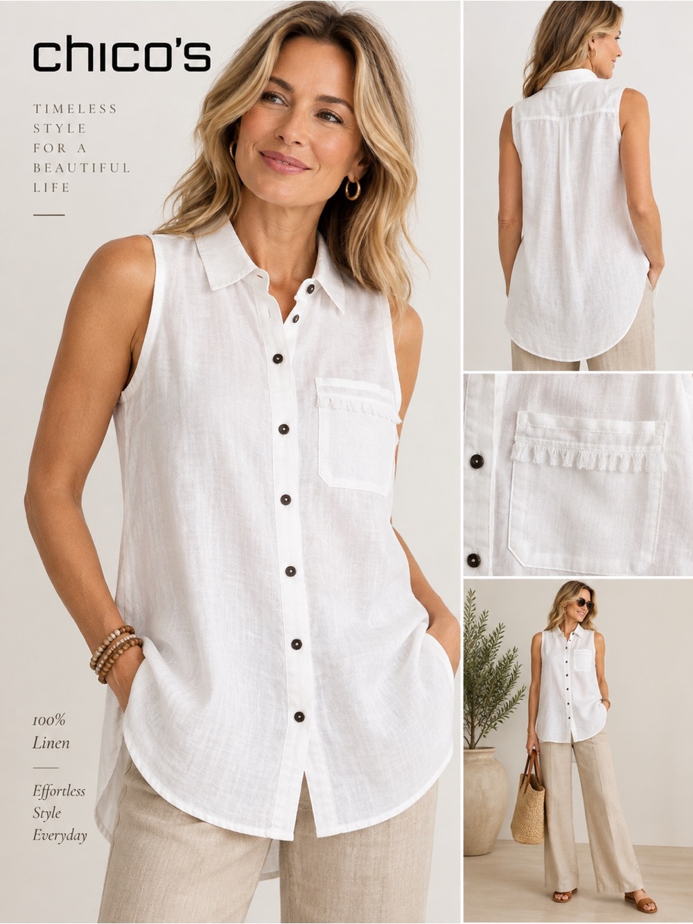 Chico’s 100% Linen White Sleeveless Tunic Shirt Button Front No Iron